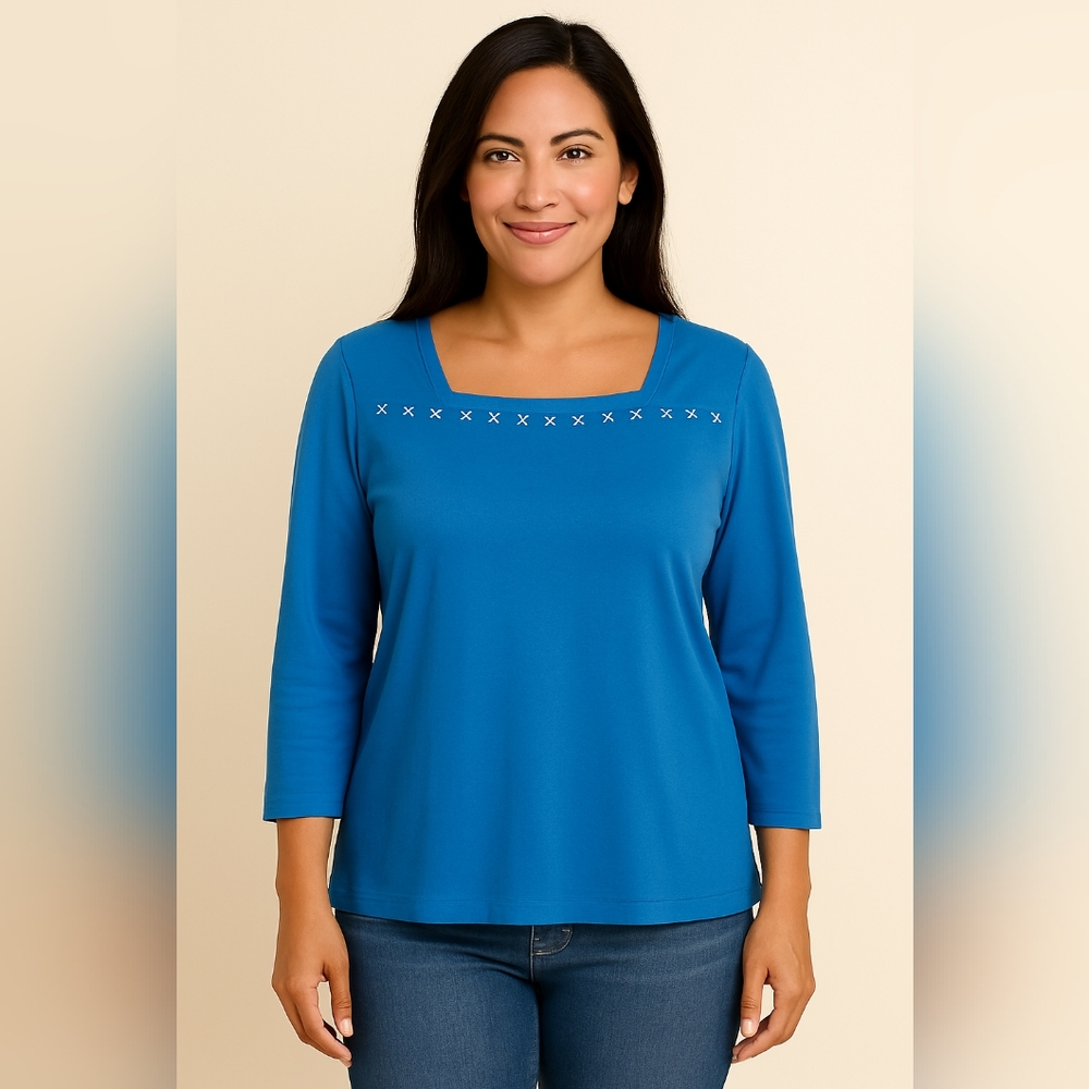 F) Bechamel Blue Embroidered Tunic Top – Size XL, Long Sleeve Cotton Blend